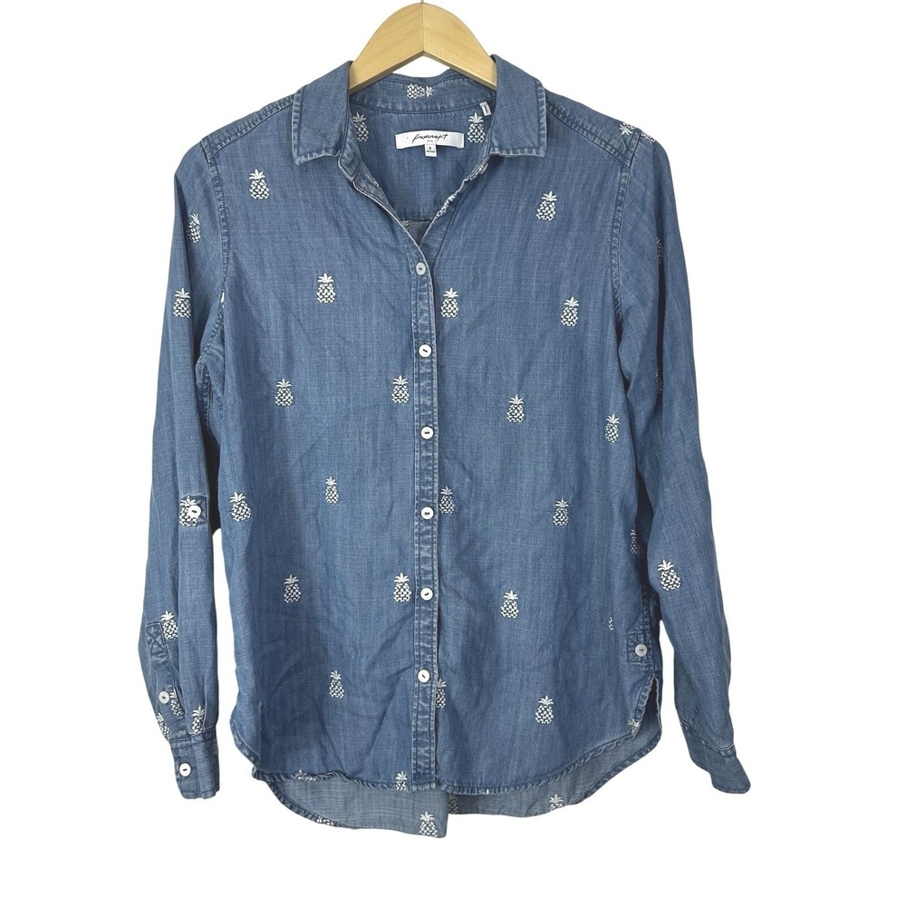 Foxcroft Tunic Shirt Womens Size 8‎ Embroidered Pineapples Blue Chambray Button